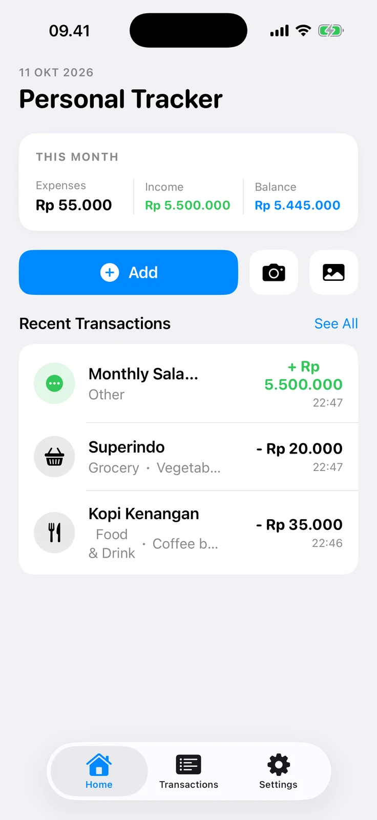 Personal Money Tracker monthly overview with synthetic iOS Simulator transactions
