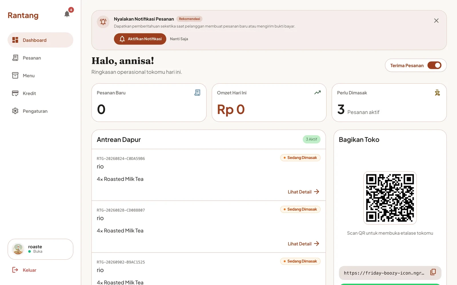 Rantang seller dashboard showing kitchen queue and store overview