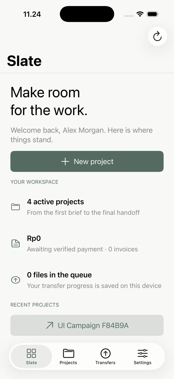 Slate native iOS creator dashboard for projects, invoices, and transfers