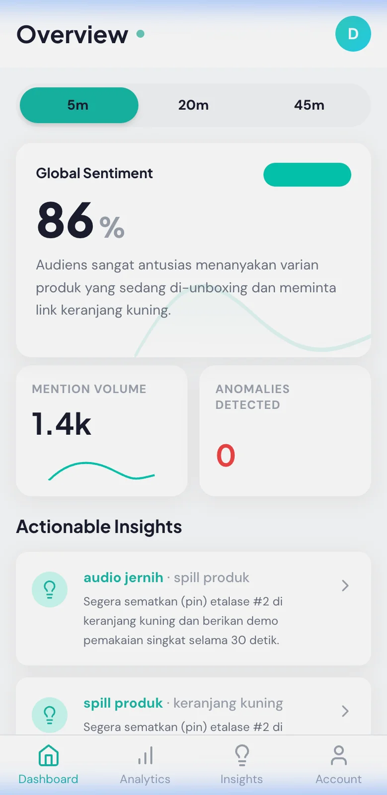 Streamly demo dashboard showing audience sentiment and suggested live stream actions